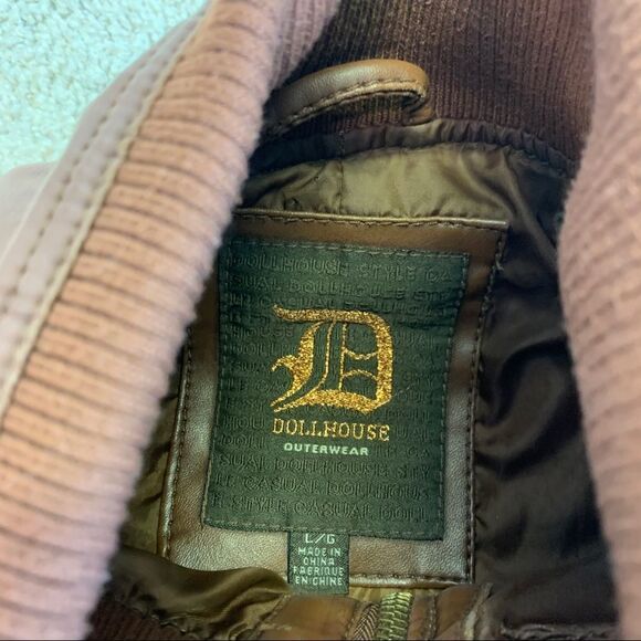 DOLLHOUSE Brown faux leather vegan high neck Moto jacket Sz L - Picture 7 of 11